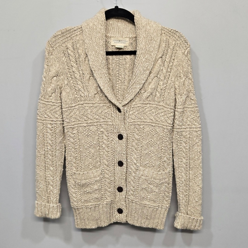 Denim & Supply Ralph Lauren Cardigan Small Oatmeal Shawl Cable Chunky Fisherman